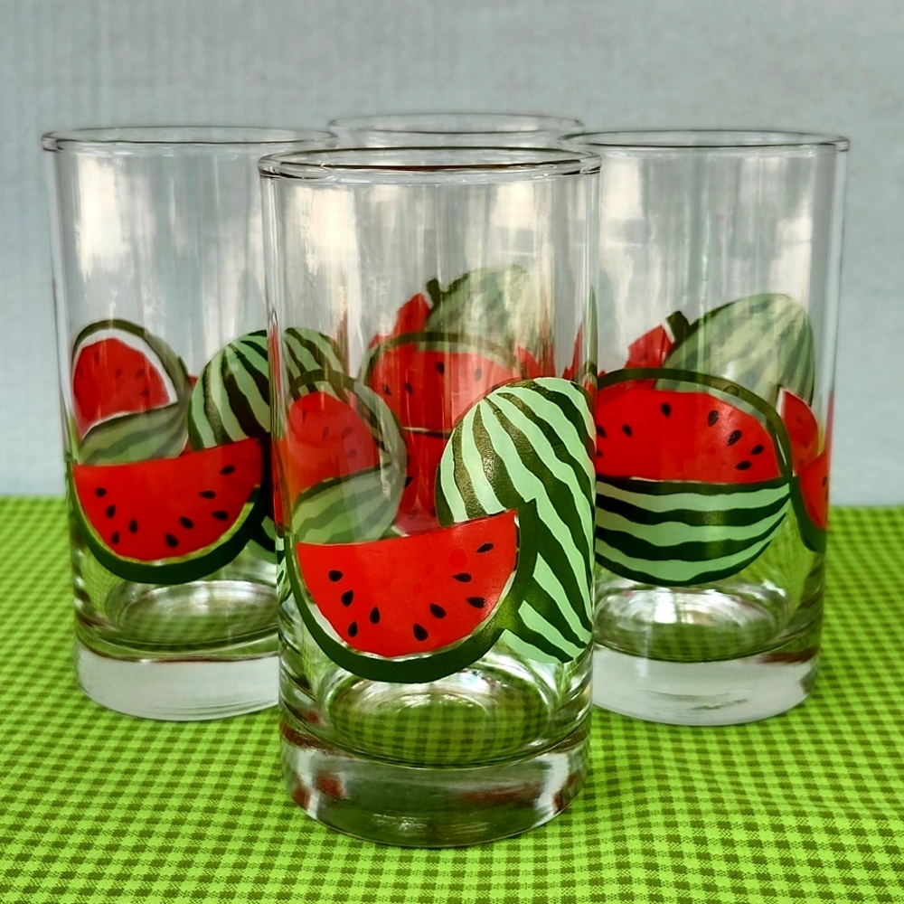 VTG SET OF 4 GLASS TUMBLERS WITH A WATERMELON DESJGN